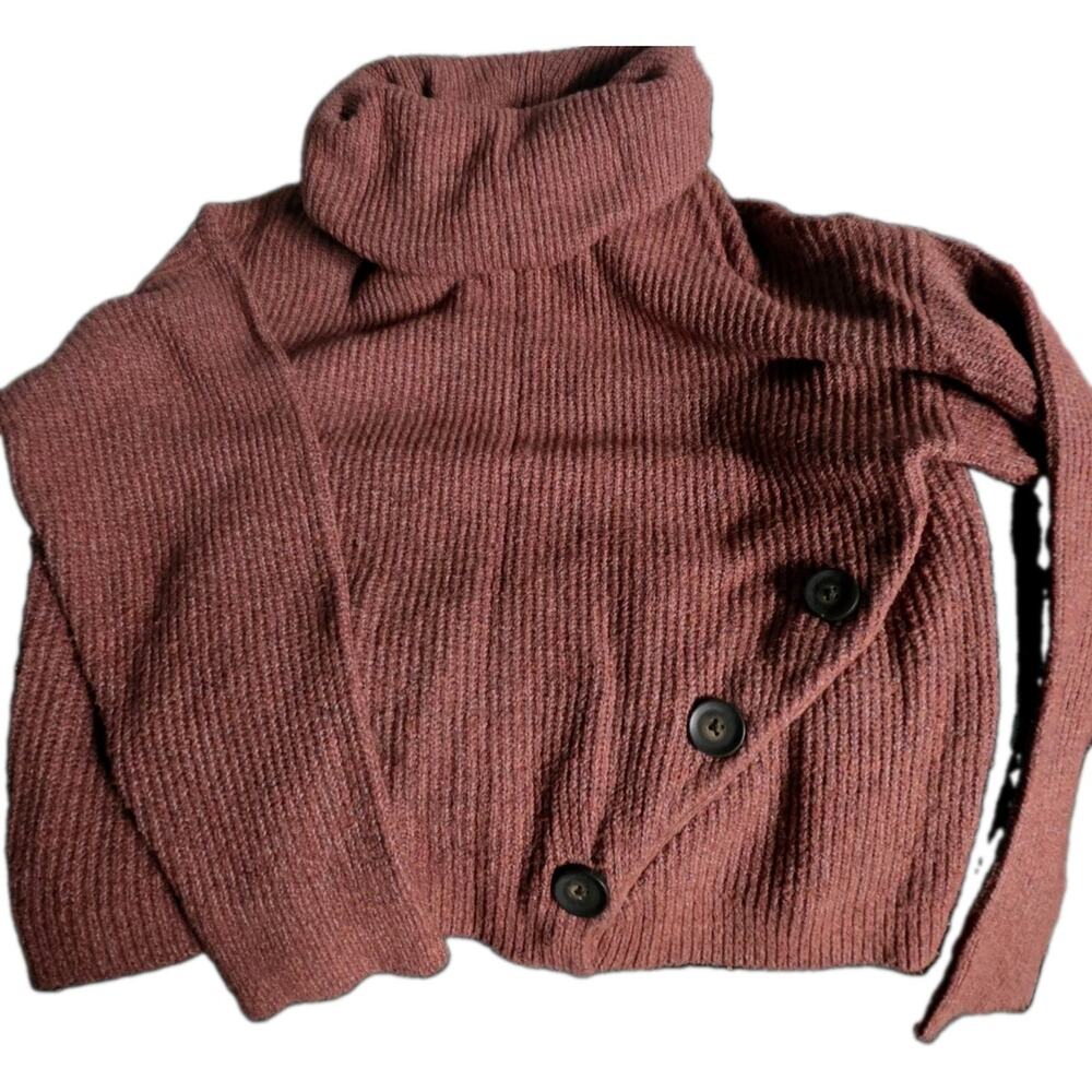 Jessica Simpson Knit Brown Cowl Neck Solid Button Accent Pullover Sweater L